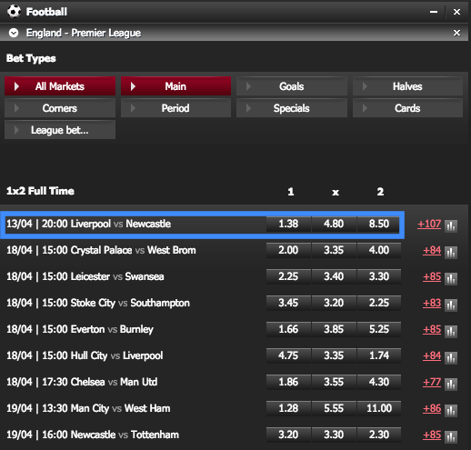 138.com English Premier League 1X2 Match Odds