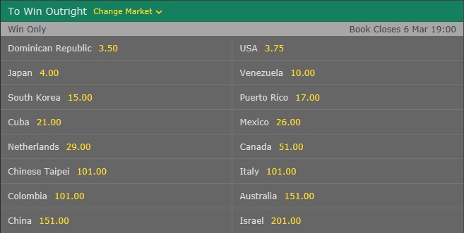 2017 World Baseball Classic Outright Winner Odds