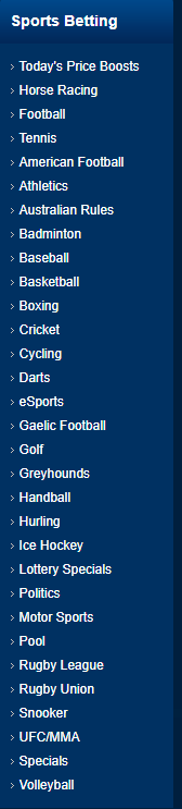 Betfred Sports List